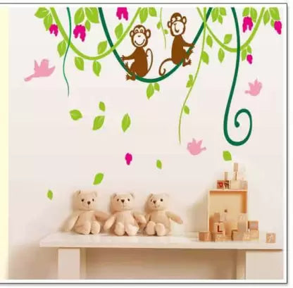 Doumaishop Lp Cartoon Dream Wall Stickers Little Monkeys Tree Wall Stickers Kids Room Home Decoration Nursery Monkey Bird Wallpaper Ay9012