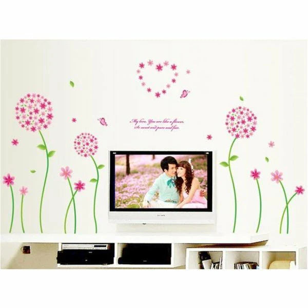 Pink Flower with Green Stem, Extra Large 3D Wall Sticker, Peelable, Stylish Wallpaper, Decorative Sticker, Waterproof, DIY Wall, Floor, Furniture, Interior, Forest, Leaf size 50x70 ay7055b