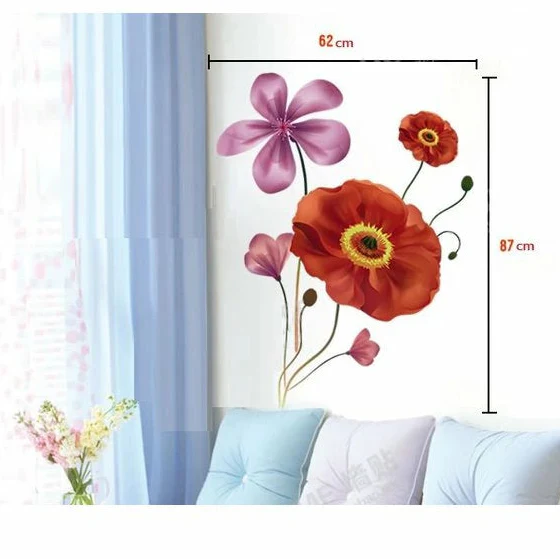 Poppy Wall Sticker, Flower, Leaf, Flower Sticker, Interior Sticker size 60x90 jm8237