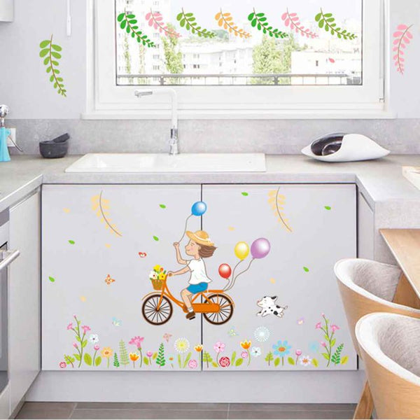 PVC Material TV Background Wall Decals Bicycle Girl Wall sticker for corridor Patterns Wall Stickers for Corridor Dormitory size 50x70 sk7147