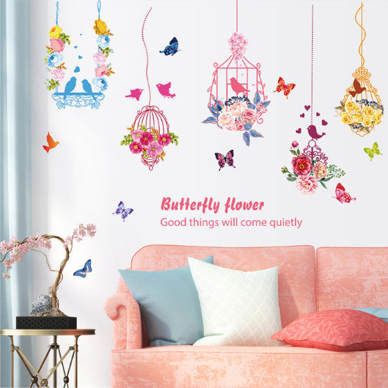 Pink flower, bird and butterfly hanging decal, 5 hanging strings included size 50x70 hm74003