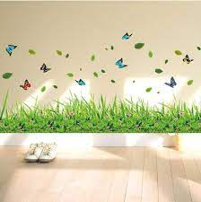 XL7180 Supzone Green Grass Wall Corner Decals Flower Butterfly Baseboard Skirting Line Wall Art Sticker for Bedroom Living Room Kitchen Wall Decor Home Decoration