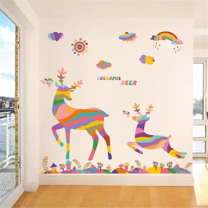 Gadgets WRAP Colorful Rainbow Cartoon Jumping Deer Wall Stickers Forest for Living Room Bedroom Shop Window