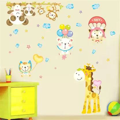 Cute Bear Monkey Giraffe Animal Under Sky Decals For Kids Room  Wall Sticker Abc1010