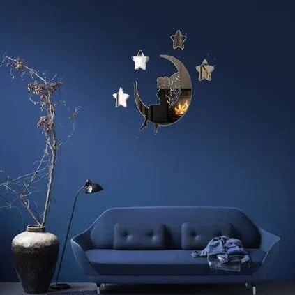 3d Mirror Sticker Silver Mirror Sticker Acrylic Mirror Sticker Wall Decor Fairy Siting On Moon