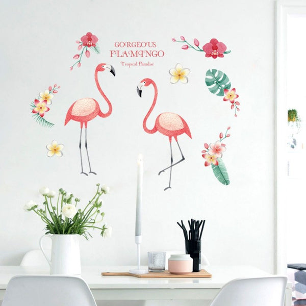 Funif Cute Flower and Flamingo Wall Stickers DIY Removable Animals Wall Decals Decorative Wall Mural Wallpaper for Bedroom Pink