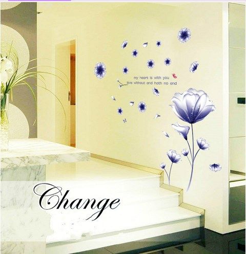 Novelty Flowers Butterflies Trees Wall Stickers Cartoon Animals Removable Wall Decals Home Decor PVC Art Mural Baby Boys Girls Kids Bedroom Kitchen Room Decoration (Blue Flower Butterfly) size 60x90 AY9184B
