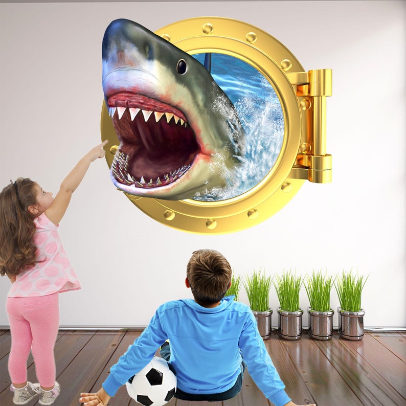 Shark Porthole Wall Decal Sticker Mural Poster Print Art Kids Bedroom Home Decor HD37