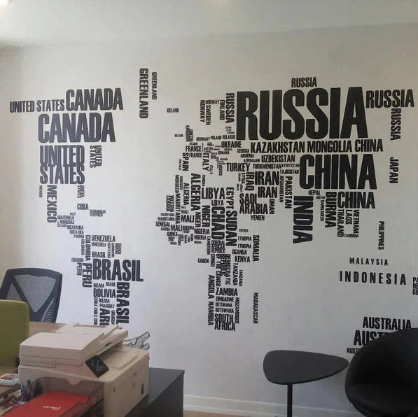 World Map Wall Decal With Country Names World Country Atlas Sticker Vinyl Wall Map Decor Office Wall Art Decor Black size 60x90 nc015