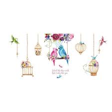 Colorful Birds Wall Stickers Birdcage Home decor for Living Room Bedroom Children Room Creative Wall Decals size 60x90  hm92018