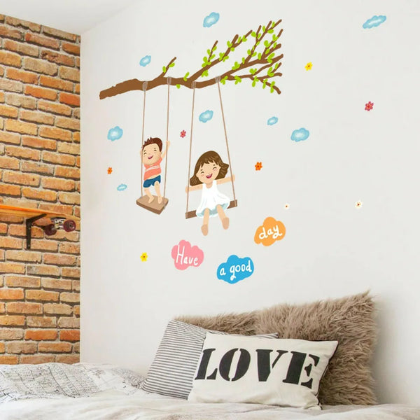 JAAMSO ROYALS Cute Baby Swing On the tree Decorative Wall Sticker size 50x70 Sk7146