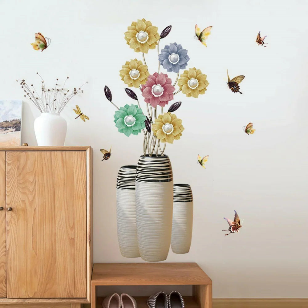 Yellow & Blue Flower Vase Printed Self-Adhesive Removable Wall Sticker