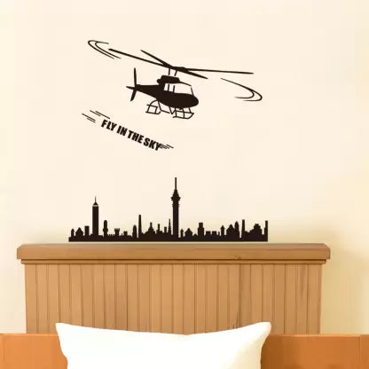 Jm8216  Wall Stickers Boys Room Helicopter Flying Black Art Self Adhesive Sticker