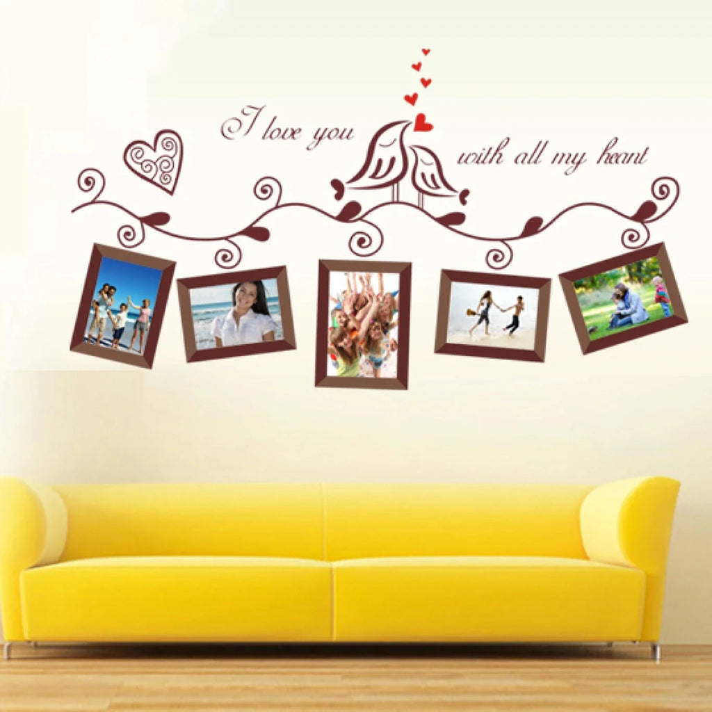Removable Picture Frame Wall Stickers Vinyl Family Wall Stickers with 5 Photo Frames Love Bird Black Flower Vine Wall Decal Decoration size 45x60 ay640a