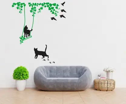 Divine studio 61 cm Cat On Swings Design Wall Sticker Standard Size -61cmx120cm Color - Multicolor Self Adhesive Sticker  (Pack of 1)