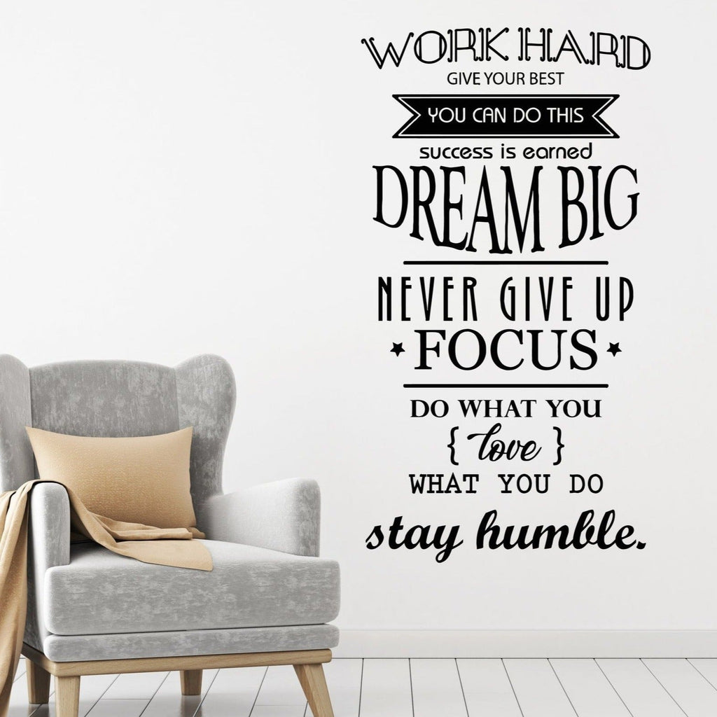Vinyl Wall Decal Motivation Office Space Work Hard Dream Big Quote Words Decor Stickers Mural