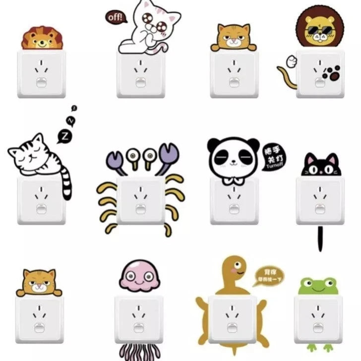 NEW Set of 12 Cartoon Animals Light Switch Cat Lion Frog Crab Panda Wall Sticker