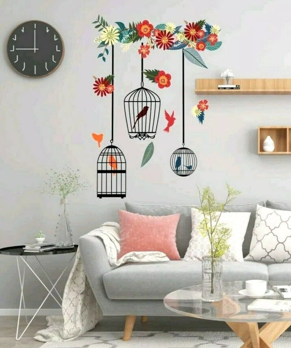 Xh6014a LARGE Flower Bird Cage Birds Wall Sticker PREMIUM PVC Floral wall Art Vinyl deco