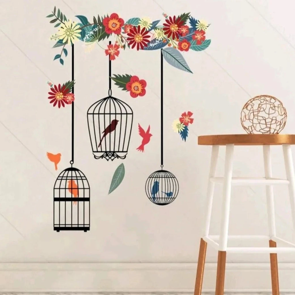 Xh6014a LARGE Flower Bird Cage Birds Wall Sticker PREMIUM PVC Floral wall Art Vinyl deco