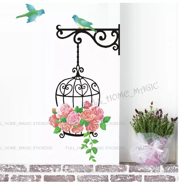 Large Floral Bird Cage Birds Wall Stickers Mural Home Decal Art Decor Corner DIY