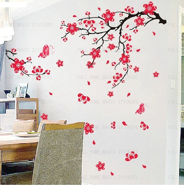 VAGA Stylish Adhesive Rooms Walls Vinyl DIY Stickers/Murals/Decals/Tattoos/Transfers with Red Japanese Cherry Blossoms Tree/Branch and Butterflies Designs size