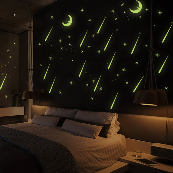 Moon and 30 falling stars glow in the dark wall decals