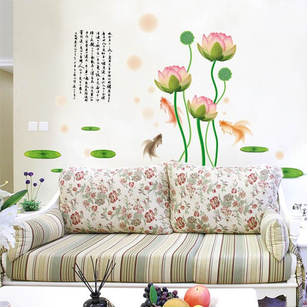 Fantasy Goldfish and Lotus Trompe-l'oeil Wall Stickers, Art, Interior Decor, Window Frame, Wall Decoration, Nordic Style, DIY, Living Room  size 60x90 xh9213