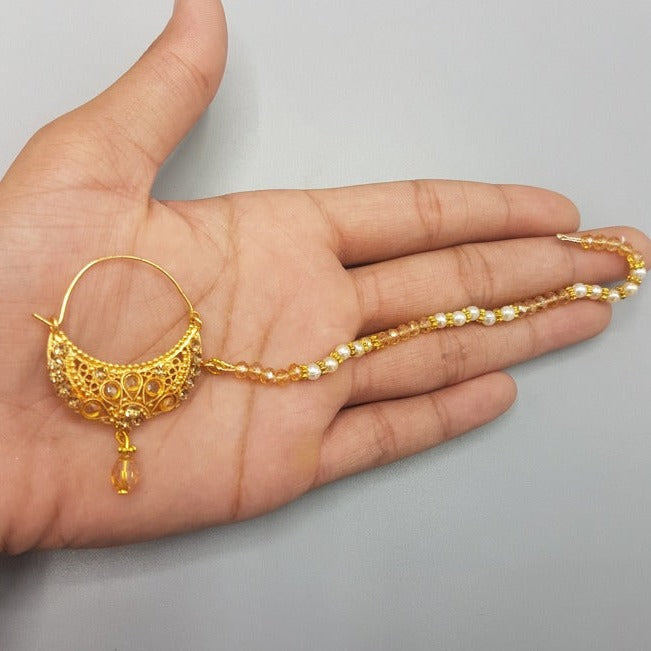 new style golden nath with pearls only used for peircing girls and woman