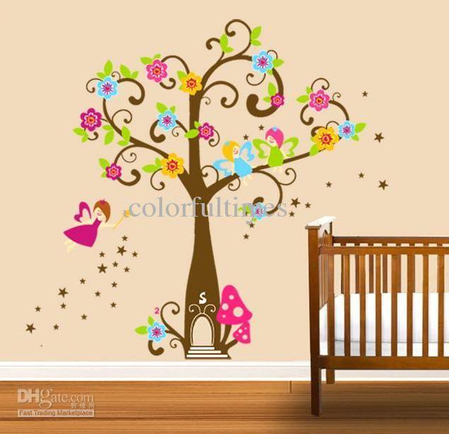 Tree Very Cute Peel Scroll Tinkle Fairy Girl DIY Removable Wall Stickers Parlor Kids Bedroom Home Decor Mural Decal JM7158
