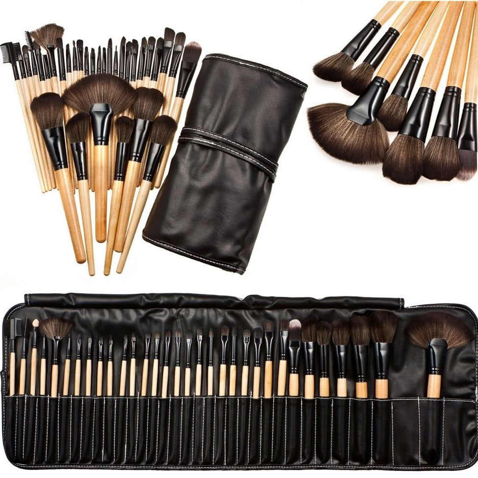 32 Pcs Professional Makeup Brush Cosmetic Beauty Make Up Brush Set + Black Pouch Bag Leather Case - Wood Color  pmbbkz9b-8