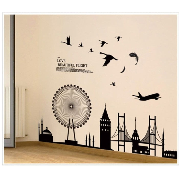 jm7279 black city building amusement park Ferris wheel sticker bedroom background wall decoration Removable Wall Sticker