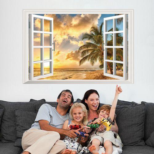 3D wall background wall stickers XL8022B sunset under the beach fake windows wall stickers