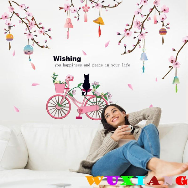 SK9357 Peach Flower Bicycle Wall Sticker - Multi