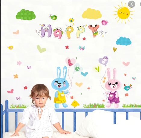 XL8208 cartoon love rabbit butterfly wall birds chicks flower wall stickers for kids rooms bathroom decor wall decals poster