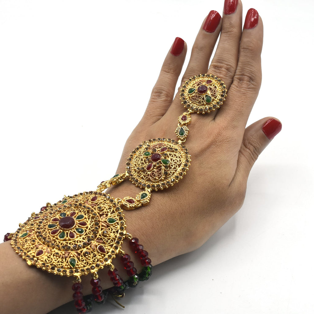 Gold Plated Bridal Hand Bracelets with Adjustable Ring - Hand