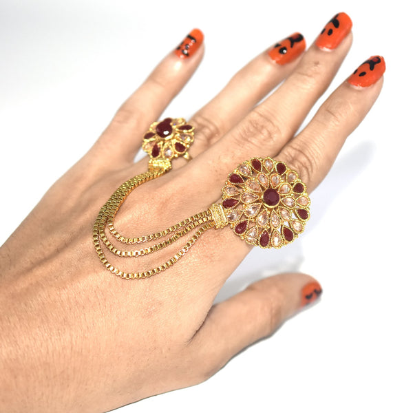 Double Finger Ring for Women Mahroon Crystal Flower Ethnic Bride Vintage Wedding Jewelry Pretty Midi Ring fgfrgmf1l-4