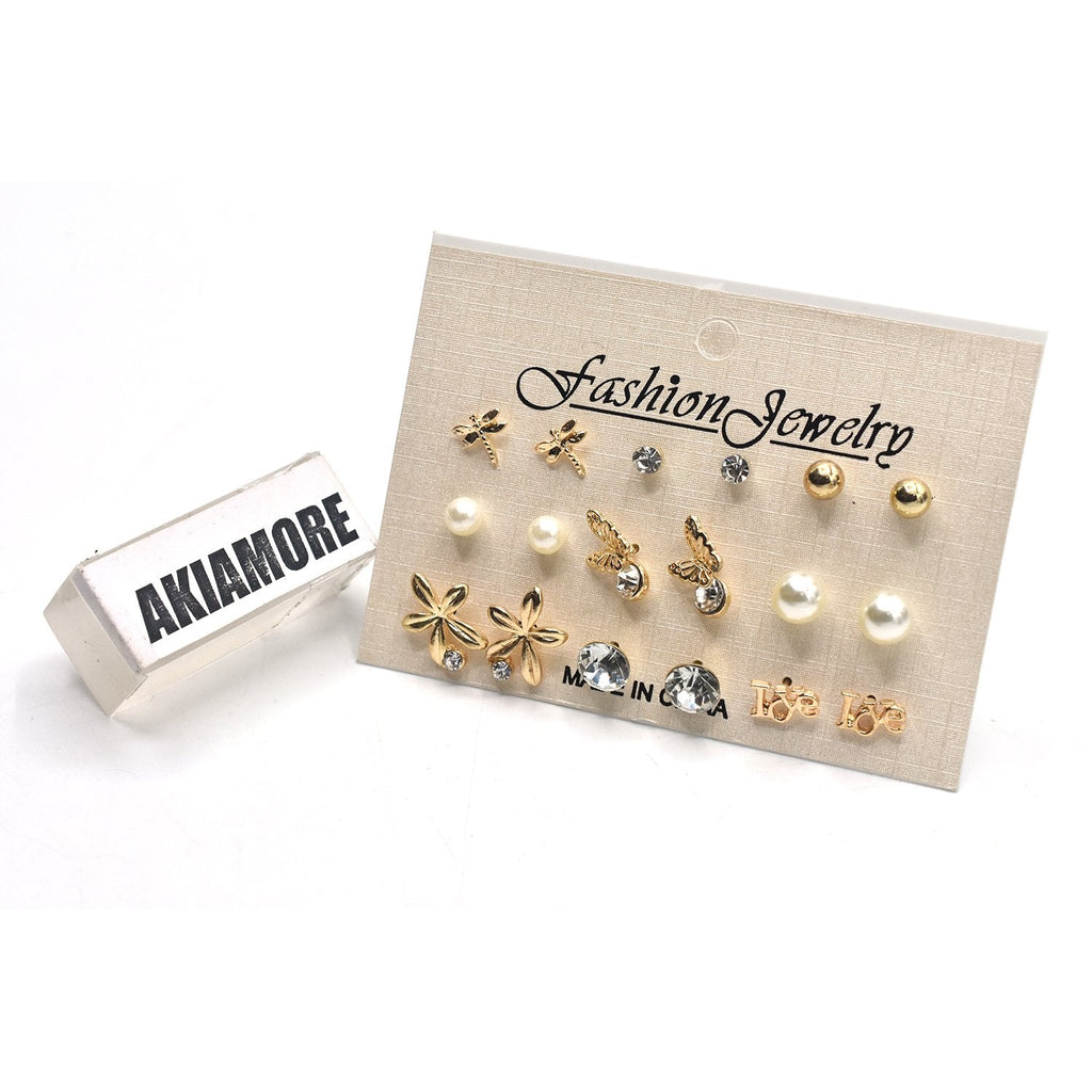 New Style Rhinestone Stud Earring Set For Women Hot-selling Cute Flower Mixed Imitation Pearl Earring Sets 9 Pairs egfrgrc1c-1