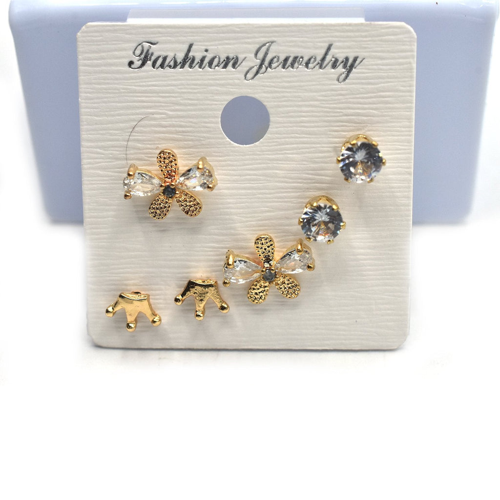 3 Pair Mixed Styles Small Star Stud Earrings Set Gold Color Zircon Crystal Earrings for Women