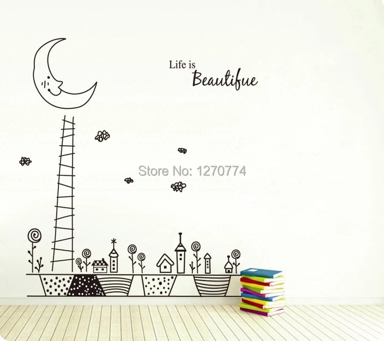New arrived cartoon fairy tale night sky background Removable pvc english letter Life is Beautiful Wall Sticker JM7101A