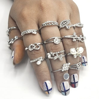 15 pcs/set Retro Leaf Big Crystal Heart Finger Rings Set Female Open Joint Ring Toe Knuckle Rings for Women Body Jewelry fgfrsrf1y-e