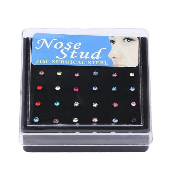 24pcs/pack Stainless Steel Rhinestone Nose Piercing Stud Straight Pins Bars Fashion Body Jewelry