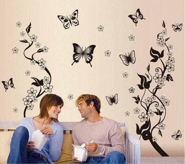 AY9124 Black Butterfly Flower rattan DIY Removable Wall Stickers Living Room TV/Sofa Background Wall Stickers