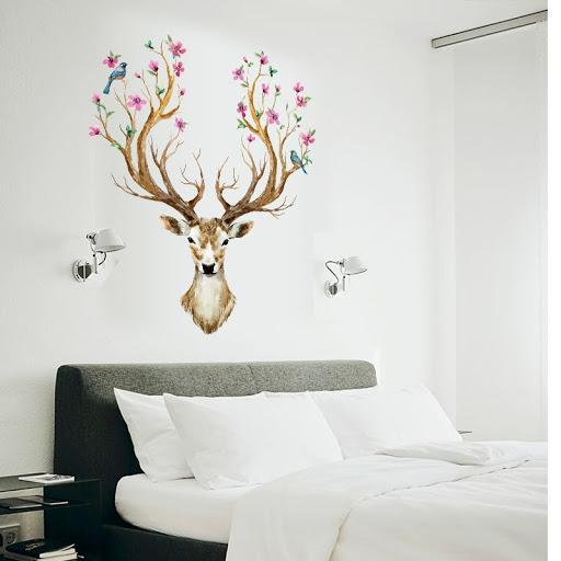 SK9003b DIY Sika Deer Head Flowers Wall stickers For Living Room Art Vinyl Wall Decals For Kids Baby Home Decor