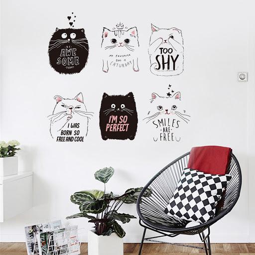 Cute Cat Wall Stickers Fashion Home Decor 6 Pcs Cats Black White Cats Wallpapers DIY Kids Room Decoration jm7338