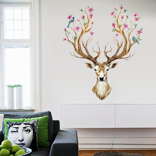 SK9003b DIY Sika Deer Head Flowers Wall stickers For Living Room Art Vinyl Wall Decals For Kids Baby Home Decor